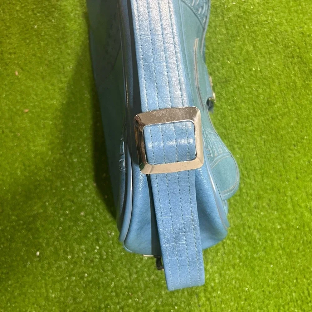 Vintage Blue Leather Duffle Bag 1960s Carry On Weekender American Tourister MINT